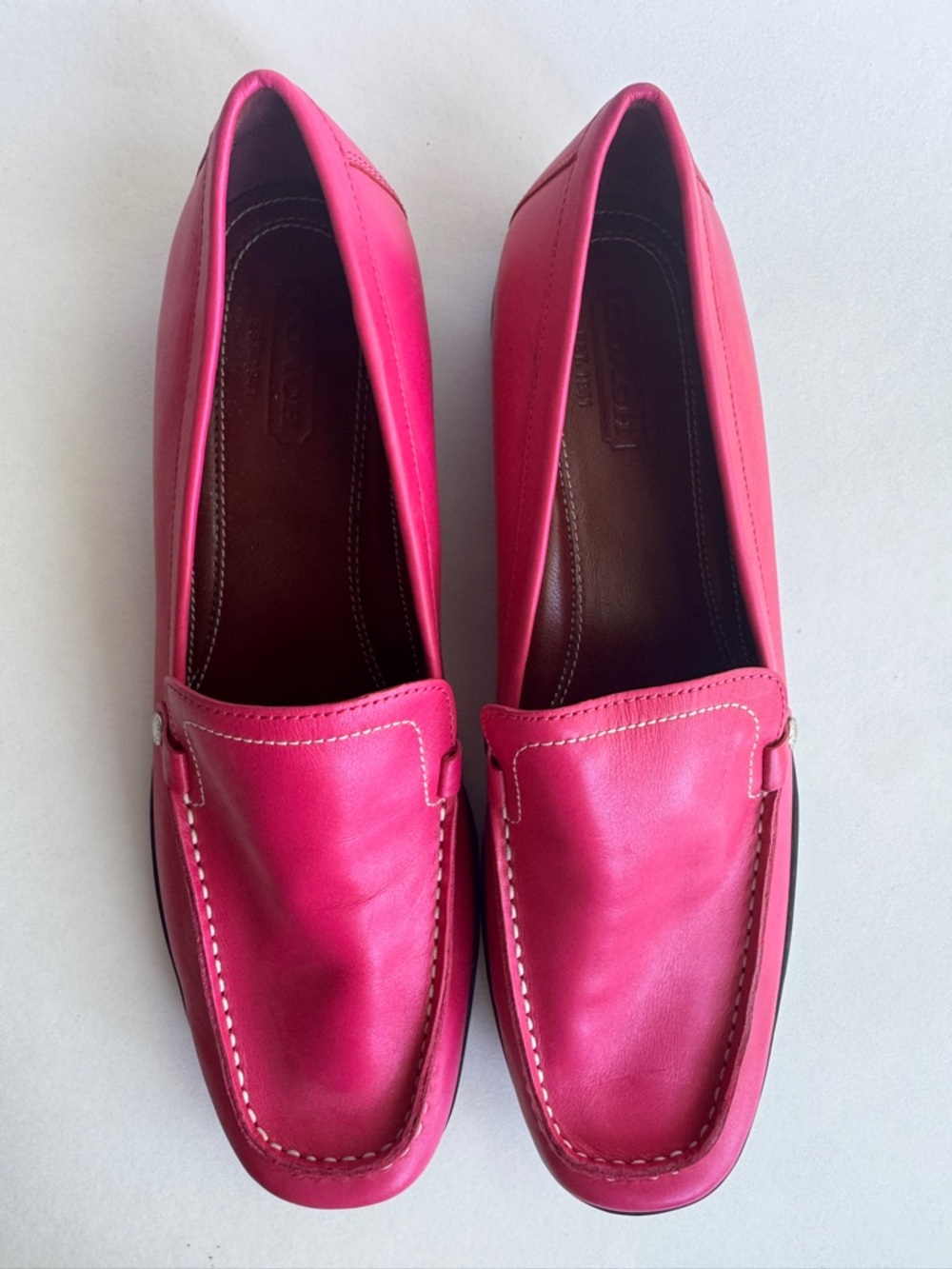 Coach Daisy Loafer Fuchsia Pink Leather Driver Flat White Stitch Size 11.5 - Picture 1 of 14